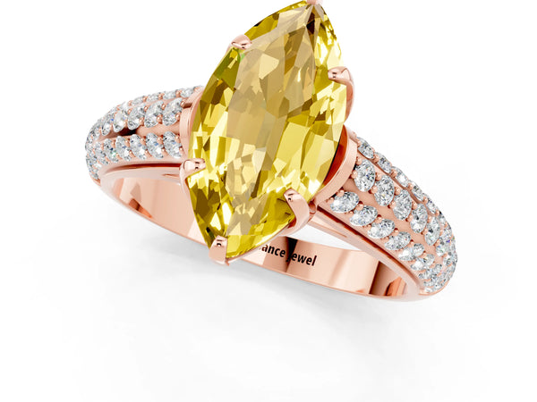 Rose gold Marquise Cut Yellow Sapphire Solitaire Ring with Three-Row Pavé Band and Four-Prong Setting