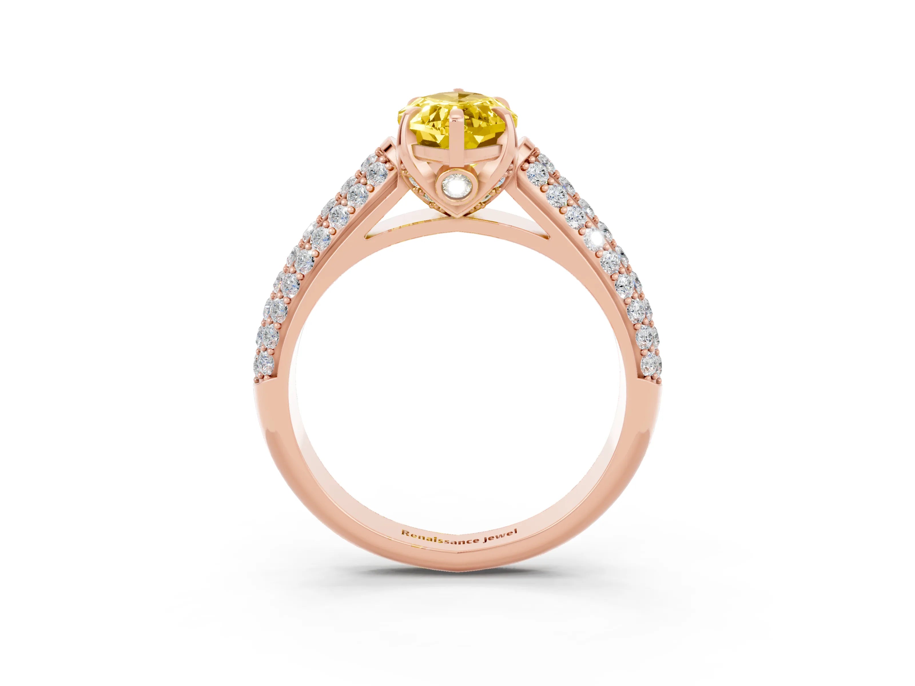 Rose gold Marquise Cut Yellow Sapphire Solitaire Ring with Three-Row Pavé Band and Four-Prong Setting_15