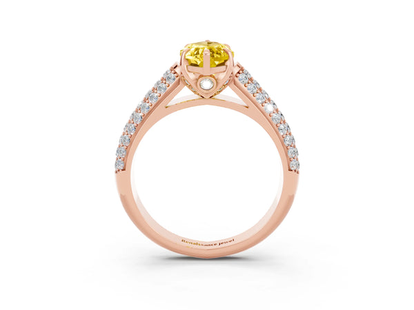 Rose gold Marquise Cut Yellow Sapphire Solitaire Ring with Three-Row Pavé Band and Four-Prong Setting