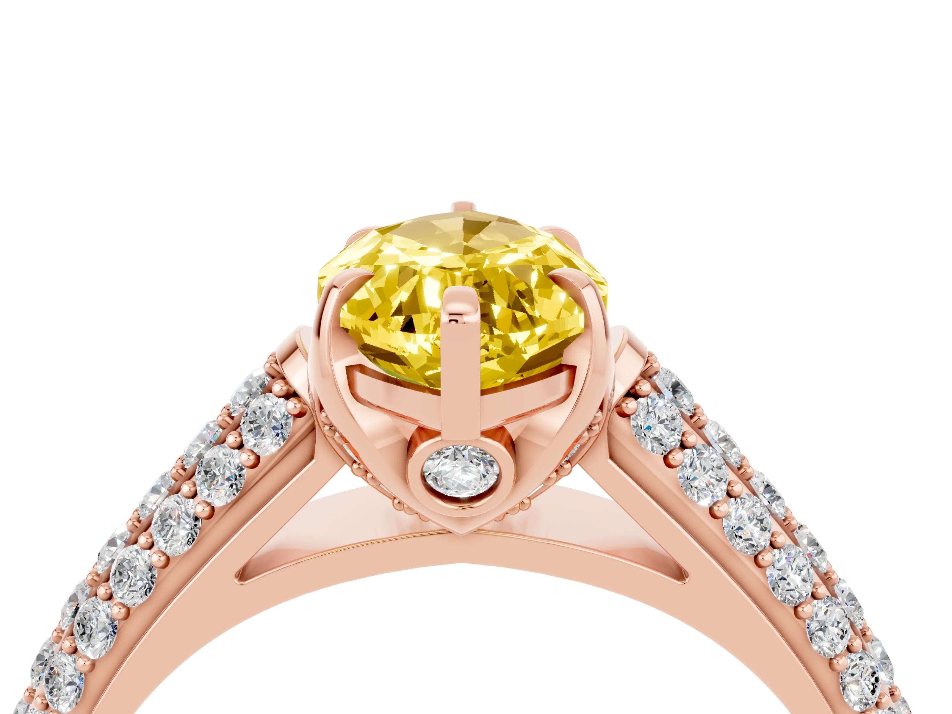 Rose gold Marquise Cut Yellow Sapphire Solitaire Ring with Three-Row Pavé Band and Four-Prong Setting_16