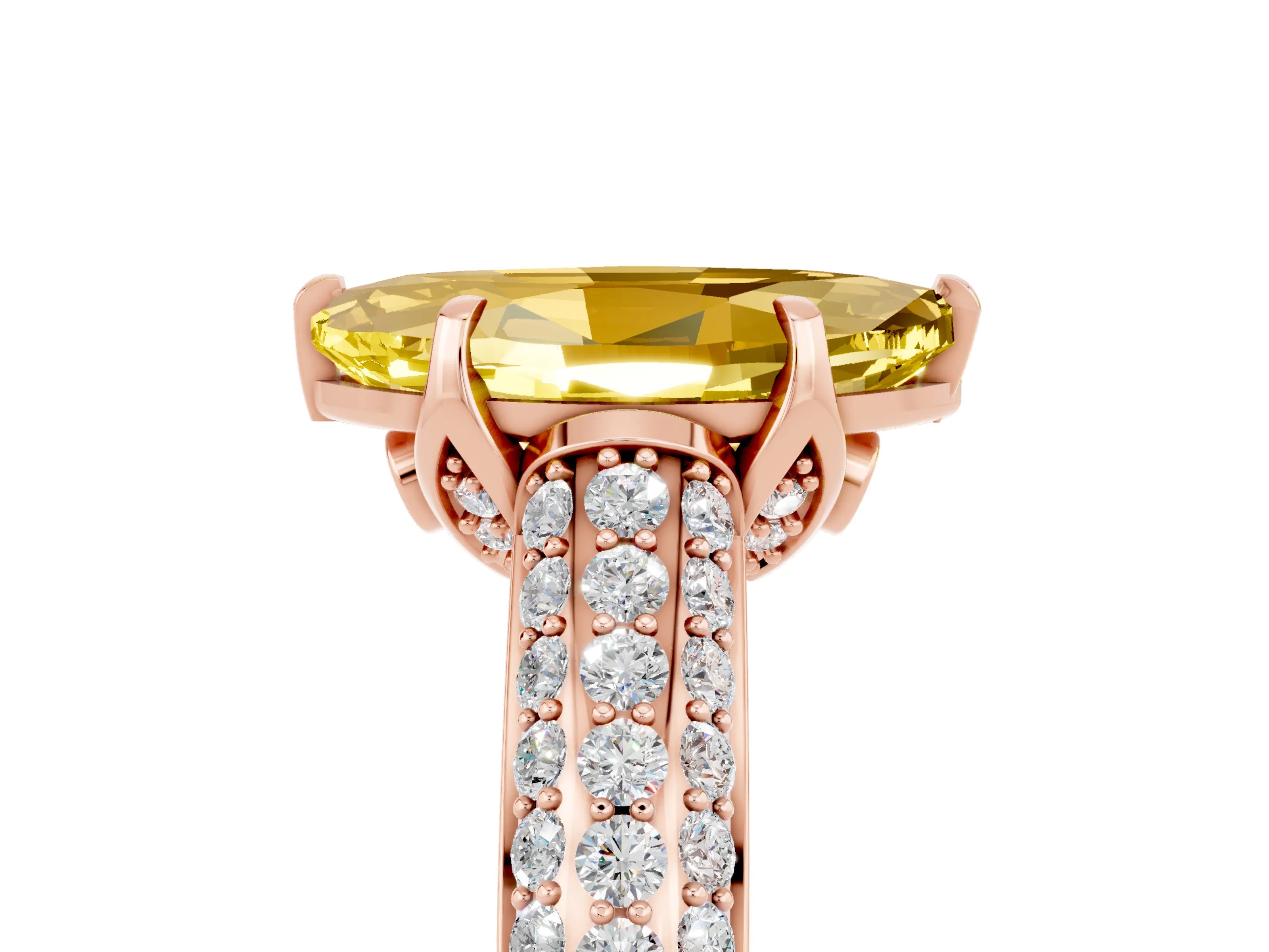Rose gold Marquise Cut Yellow Sapphire Solitaire Ring with Three-Row Pavé Band and Four-Prong Setting_17
