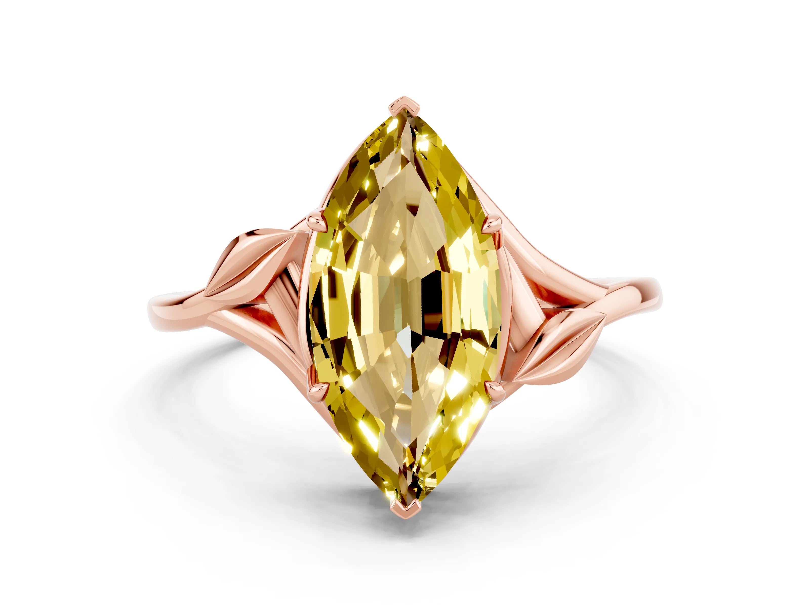 Rose gold Marquise Cut Yellow Sapphire Solitaire Ring with Twist Band and Four-Prong Setting_24