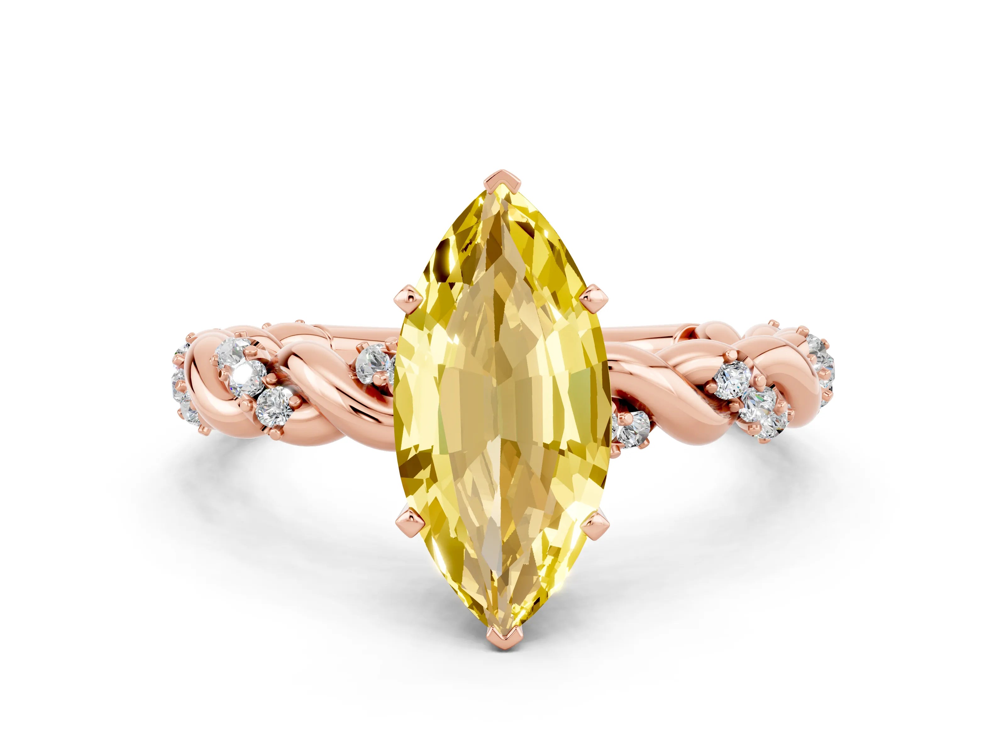 Rose gold Marquise Cut Yellow Sapphire Solitaire Ring with Twisted Band and Pavé Accents