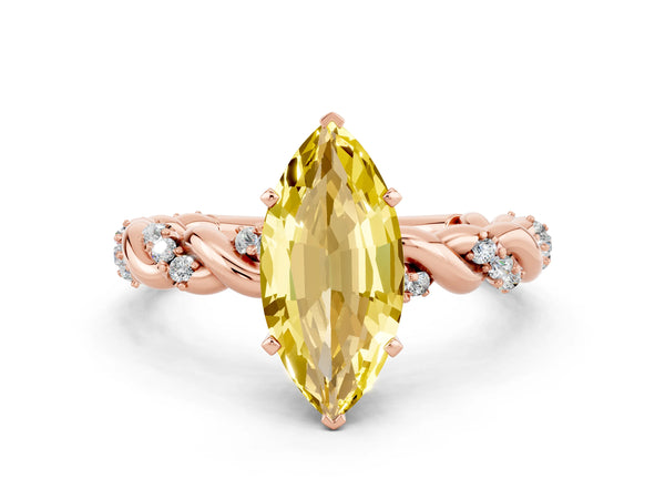 Rose gold Marquise Cut Yellow Sapphire Solitaire Ring with Twisted Band and Pavé Accents
