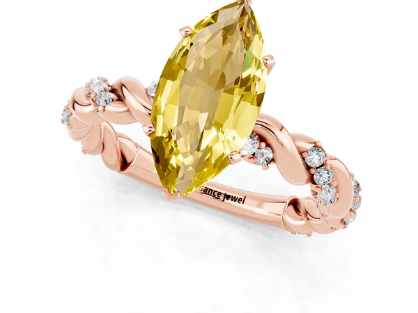 Rose gold Marquise Cut Yellow Sapphire Solitaire Ring with Twisted Band and Pavé Accents