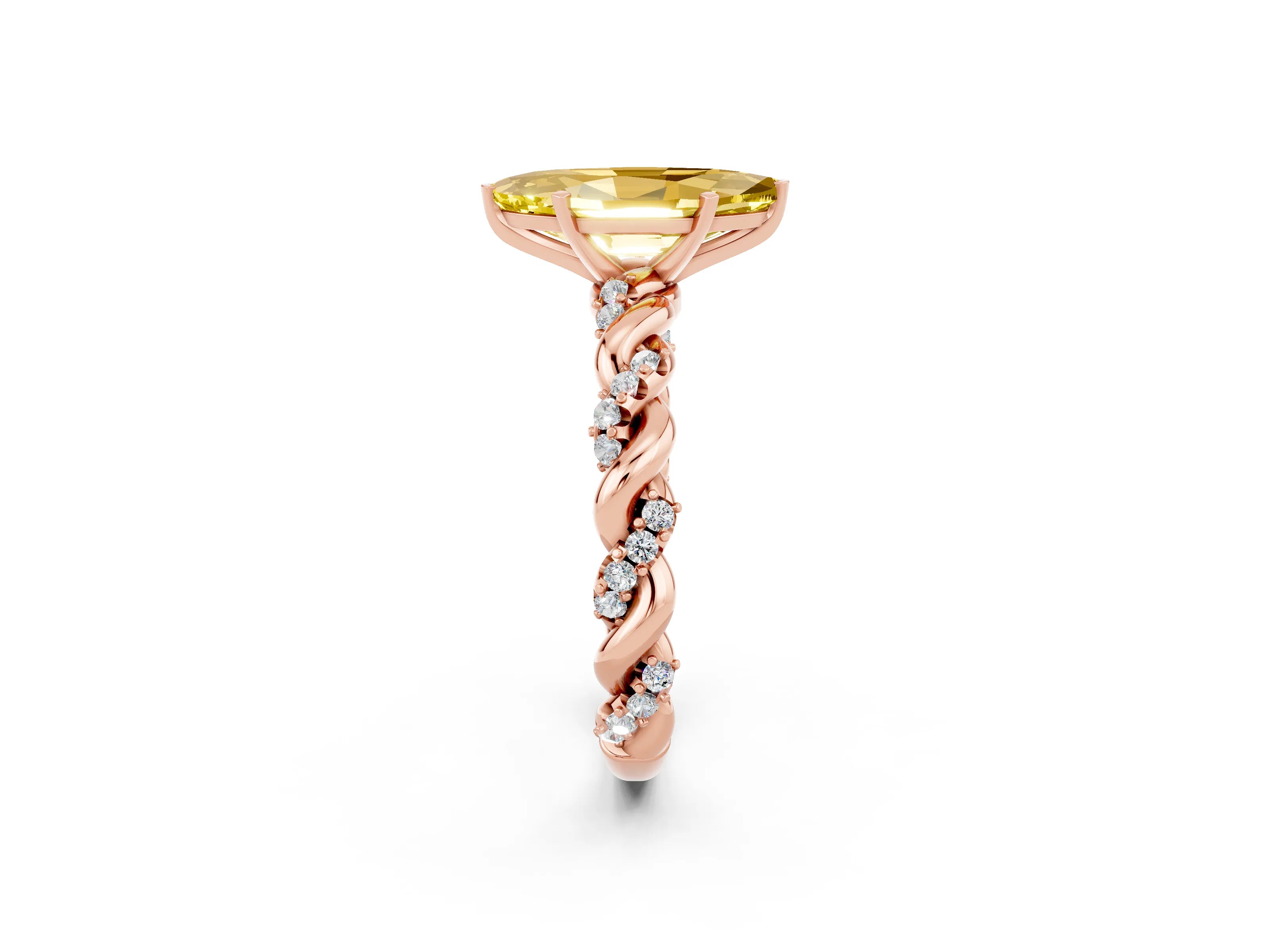 Rose gold Marquise Cut Yellow Sapphire Solitaire Ring with Twisted Band and Pavé Accents_2