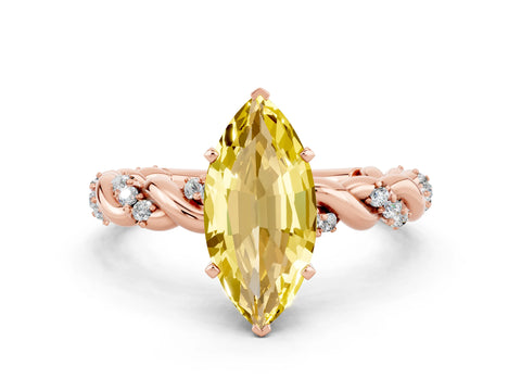 Rose gold Marquise Cut Yellow Sapphire Solitaire Ring with Twisted Band and Pavé Accents