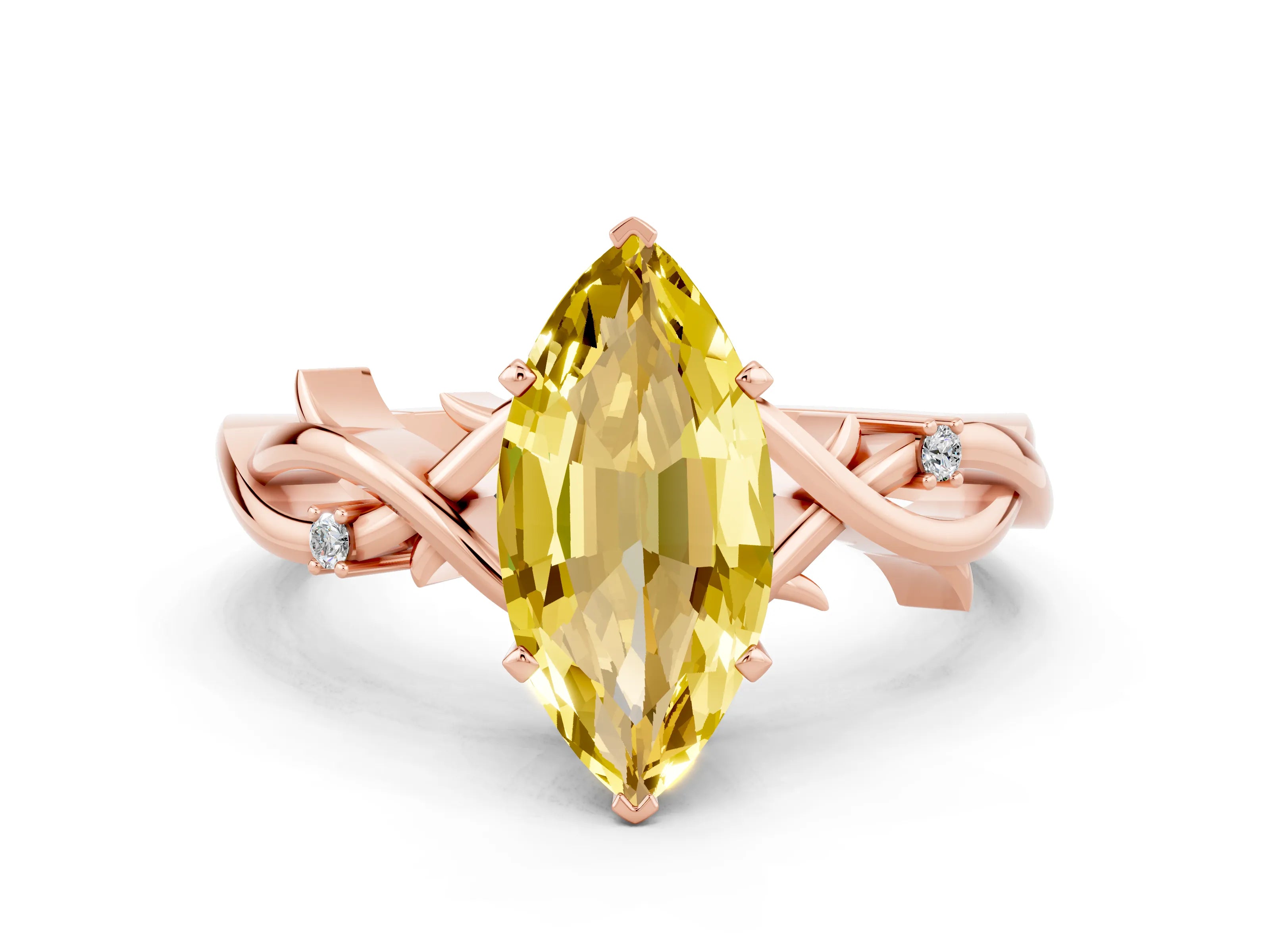 Rose gold Marquise Cut Yellow Sapphire Solitaire Ring with Twisted Band and Prong Setting
