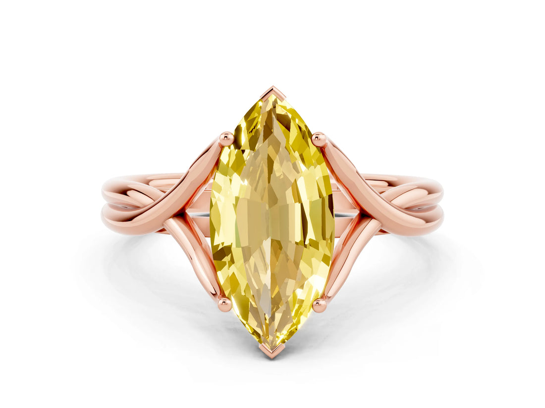Rose gold Marquise Cut Yellow Sapphire Solitaire Twist Band Prong Setting Ring_84