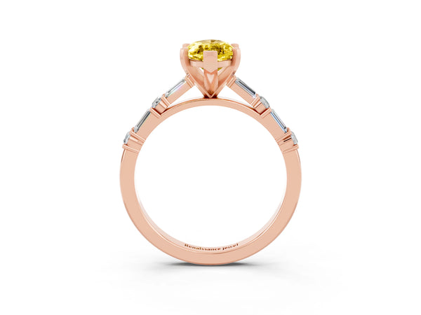 Rose gold Marquise Cut Yellow Sapphire Solitaire with Side Baguettes and Channel Set Band