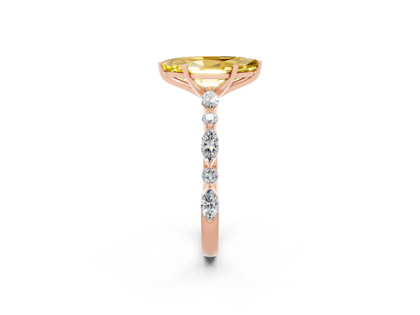 Rose gold Marquise Cut Yellow Sapphire Ring with Marquise and Round  Side Stones and Four-Prong Setting