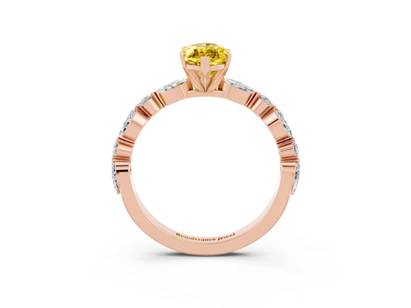 Rose gold Marquise Cut Yellow Sapphire Ring with Marquise and Round  Side Stones and Four-Prong Setting