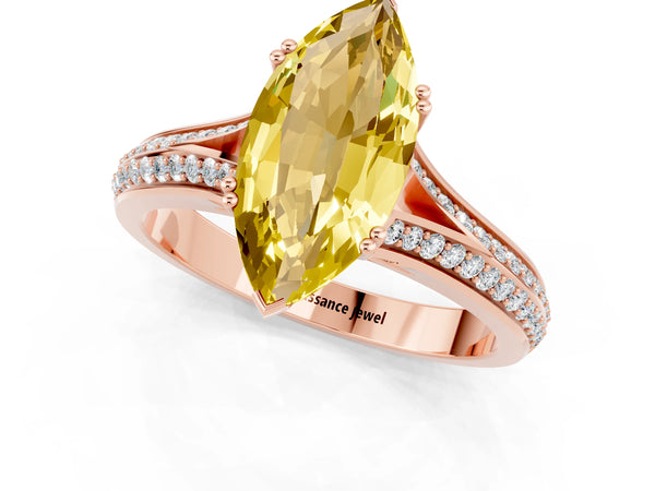 Rose gold Marquise Cut Yellow Sapphire Split Shank Engagement Ring with Pavé Band