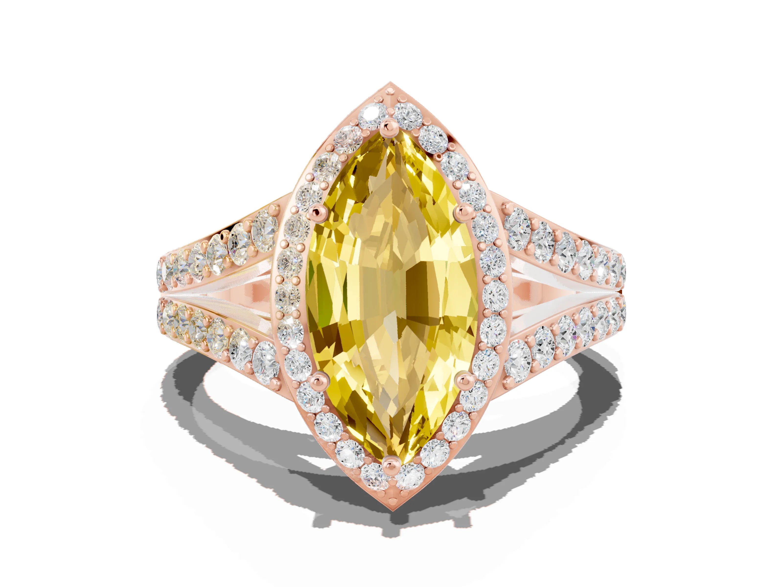 Rose gold Marquise Cut Yellow Sapphire Split Shank Halo Ring with Four-Prong Setting_12