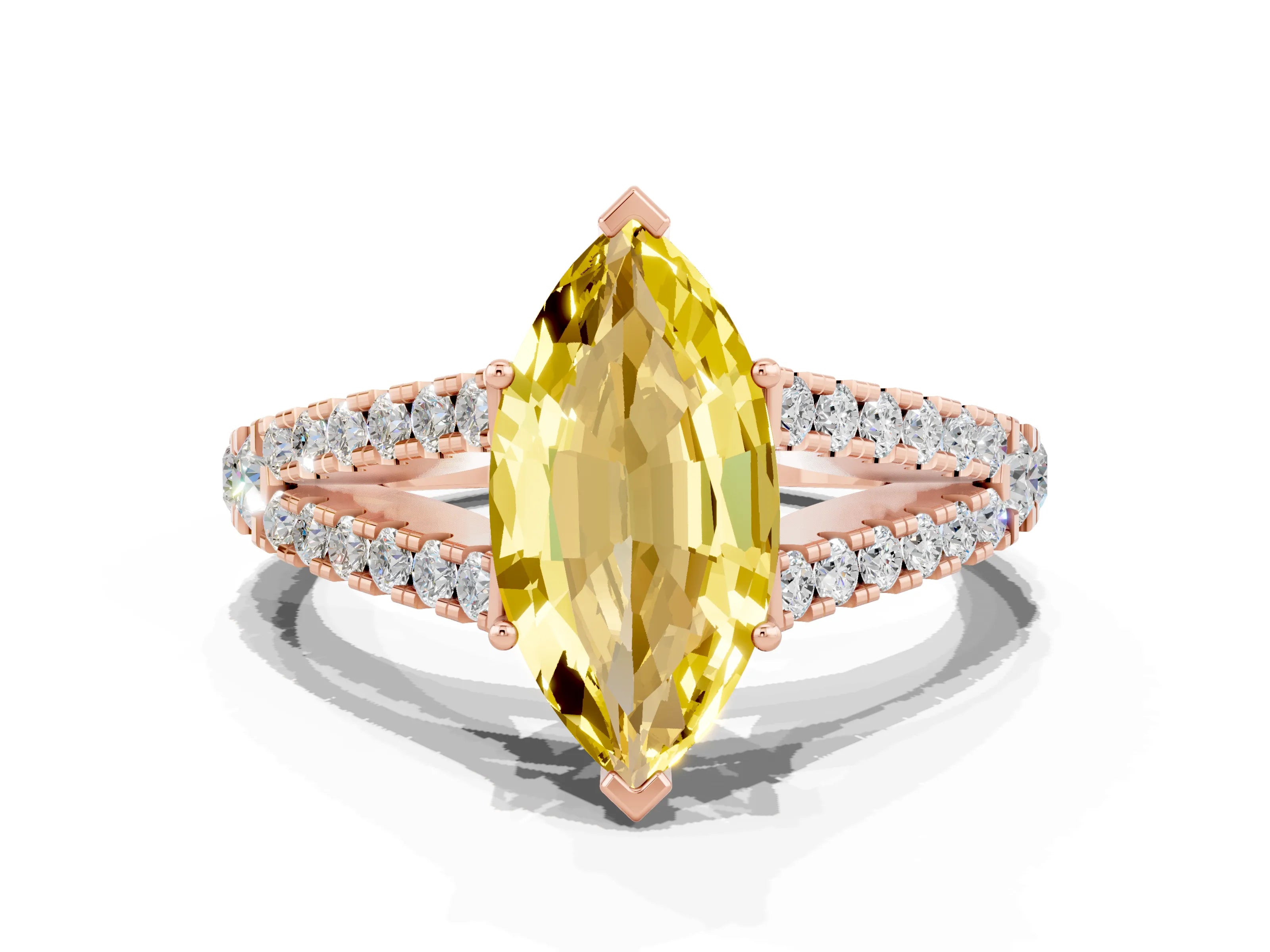 Rose gold Marquise Cut Yellow Sapphire Split Shank Pavé Engagement Ring with Four-Prong Setting_12