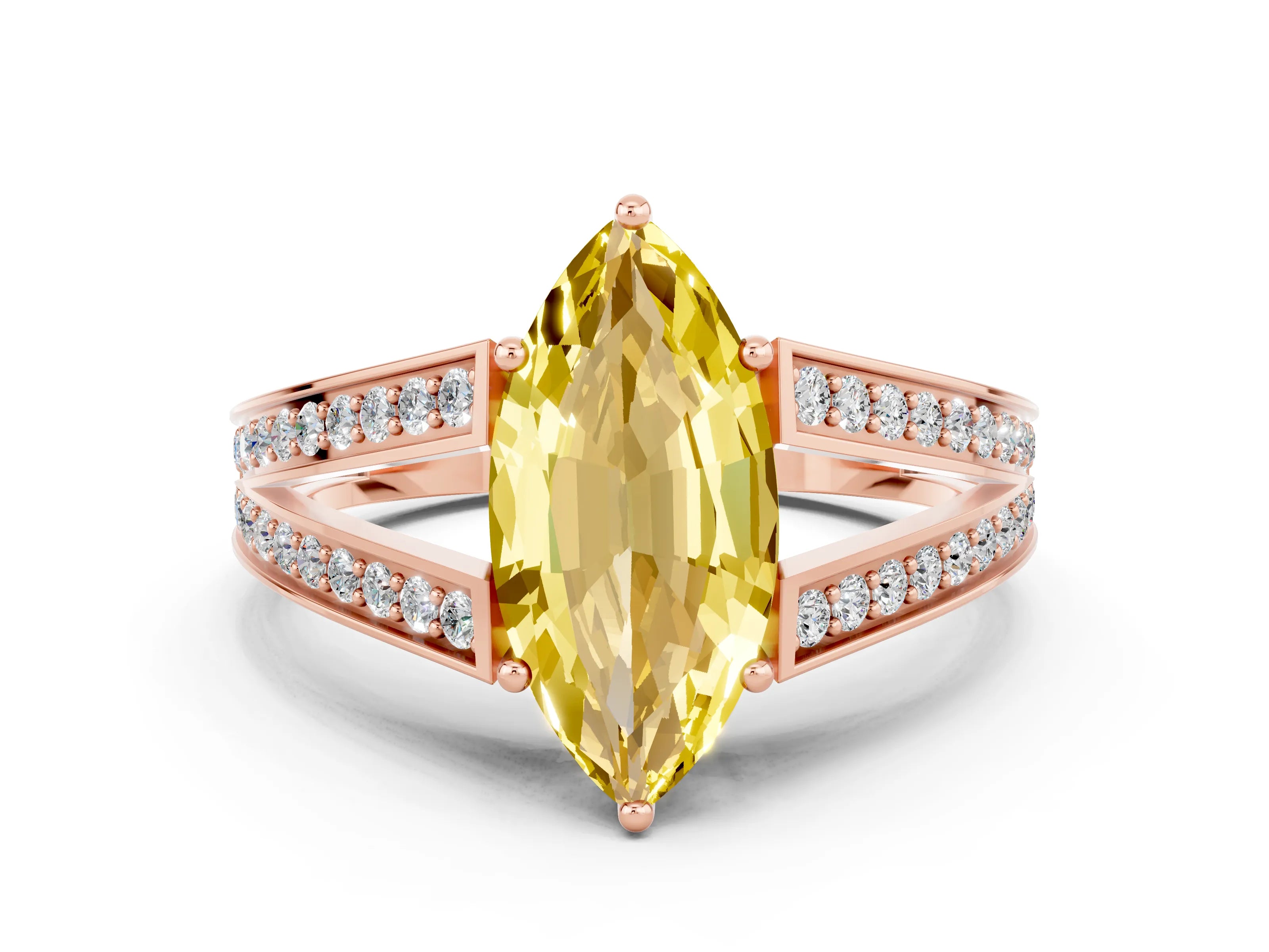 Rose gold Marquise Cut Yellow Sapphire Split Shank Ring with Pavé Band and Four-Prong Setting