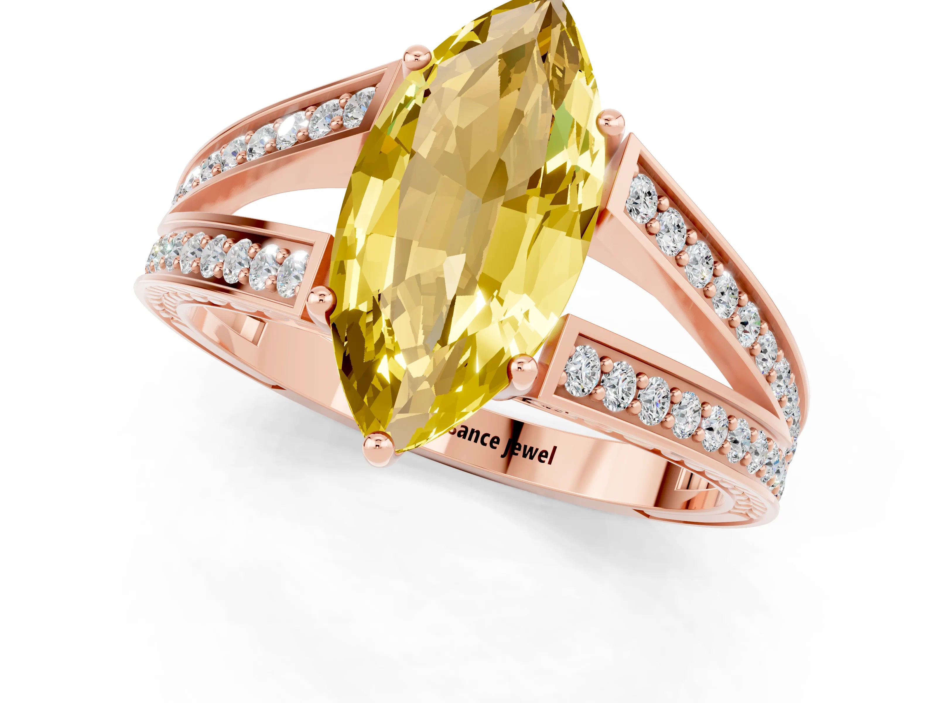 Rose gold Marquise Cut Yellow Sapphire Split Shank Ring with Pavé Band and Four-Prong Setting_1