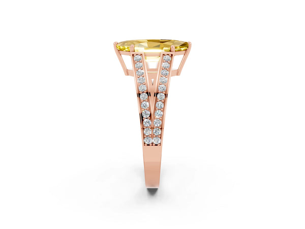 Rose gold Marquise Cut Yellow Sapphire Split Shank Ring with Pavé Band and Four-Prong Setting