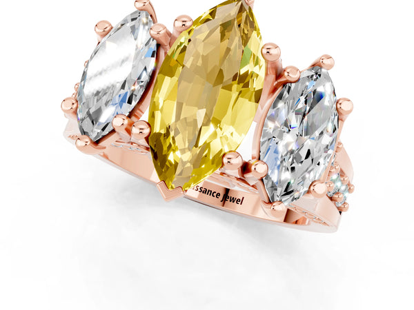 Rose gold Marquise Cut Yellow Sapphire Three-Stone Ring with Channel Set Band and Four-Prong Setting