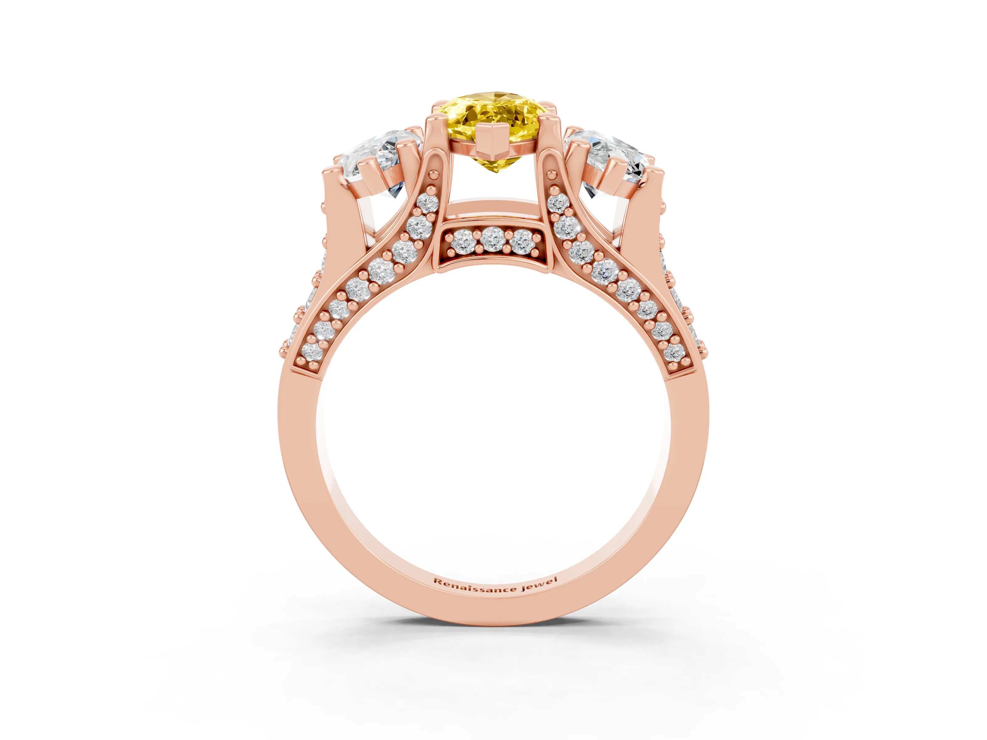Rose gold Marquise Cut Yellow Sapphire Three-Stone Ring with Channel Set Band and Four-Prong Setting_3