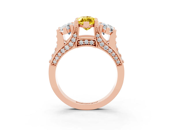 Rose gold Marquise Cut Yellow Sapphire Three-Stone Ring with Channel Set Band and Four-Prong Setting