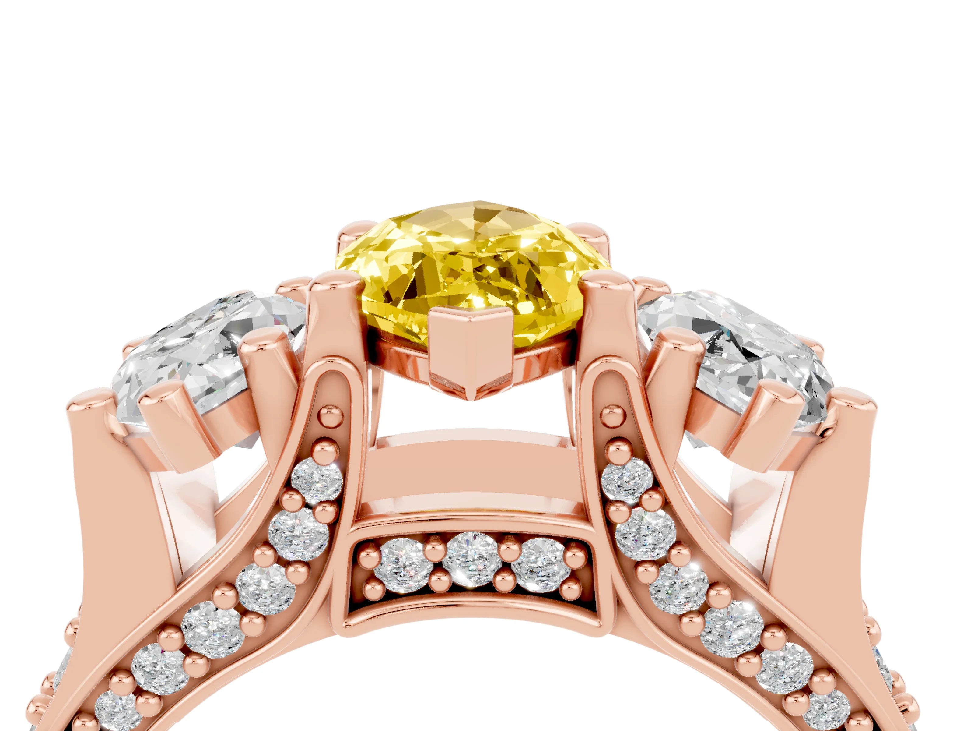 Rose gold Marquise Cut Yellow Sapphire Three-Stone Ring with Channel Set Band and Four-Prong Setting_4