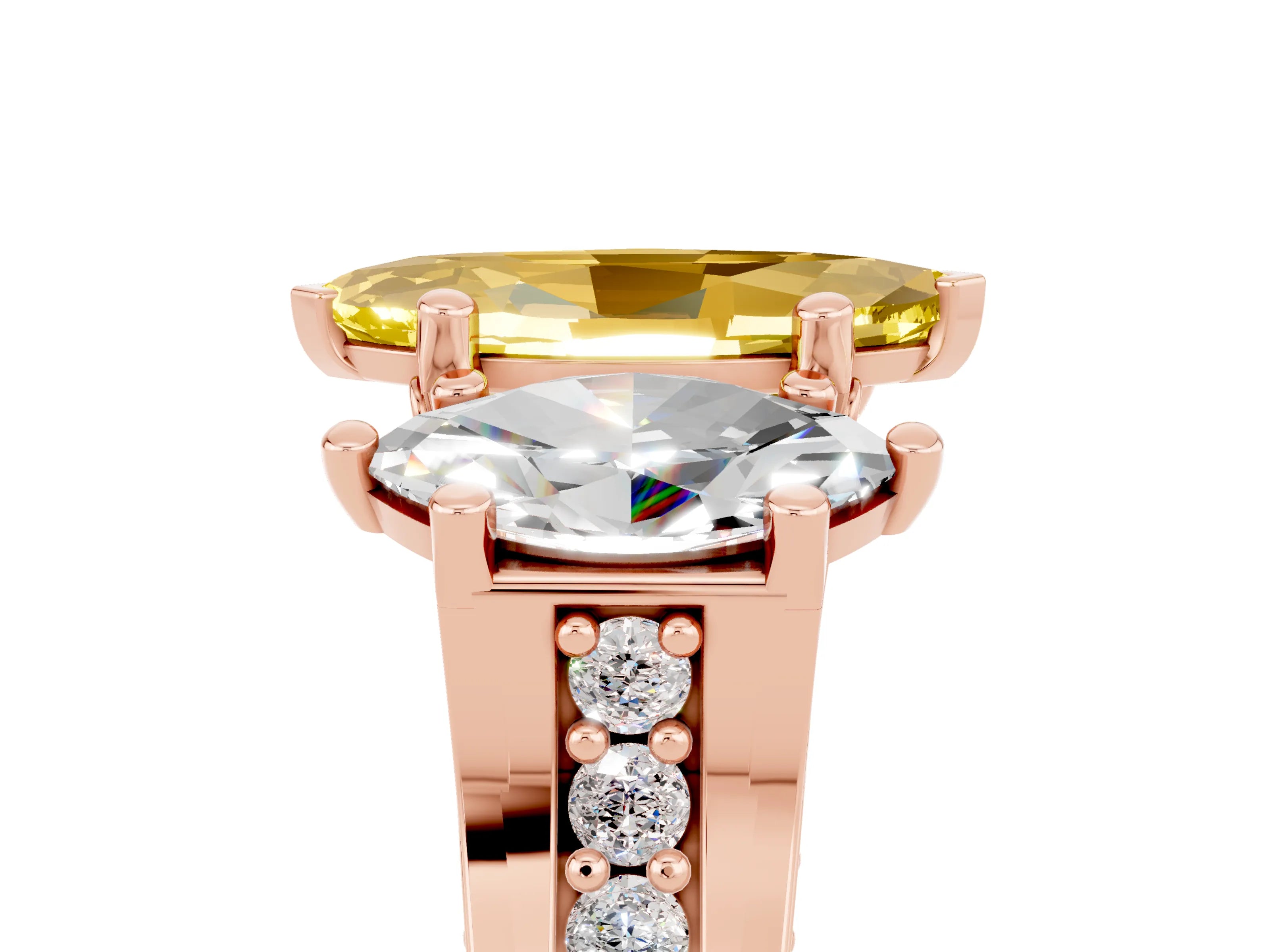 Rose gold Marquise Cut Yellow Sapphire Three-Stone Ring with Channel Set Band and Four-Prong Setting_5