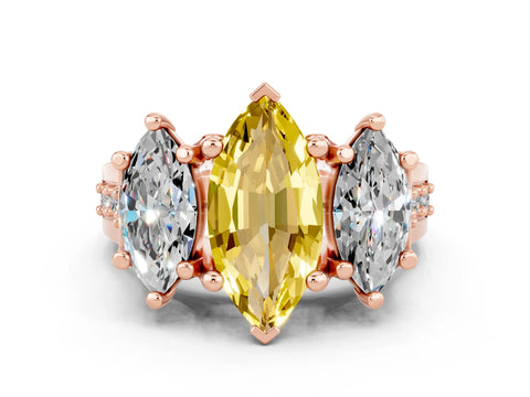 Rose gold Marquise Cut Yellow Sapphire Three-Stone Ring with Channel Set Band and Four-Prong Setting