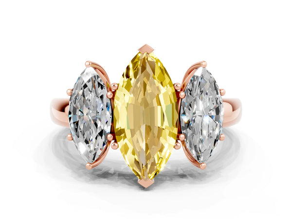 Rose gold Marquise Cut Yellow Sapphire Three-Stone Ring with Four-Prong Setting and Classic Band