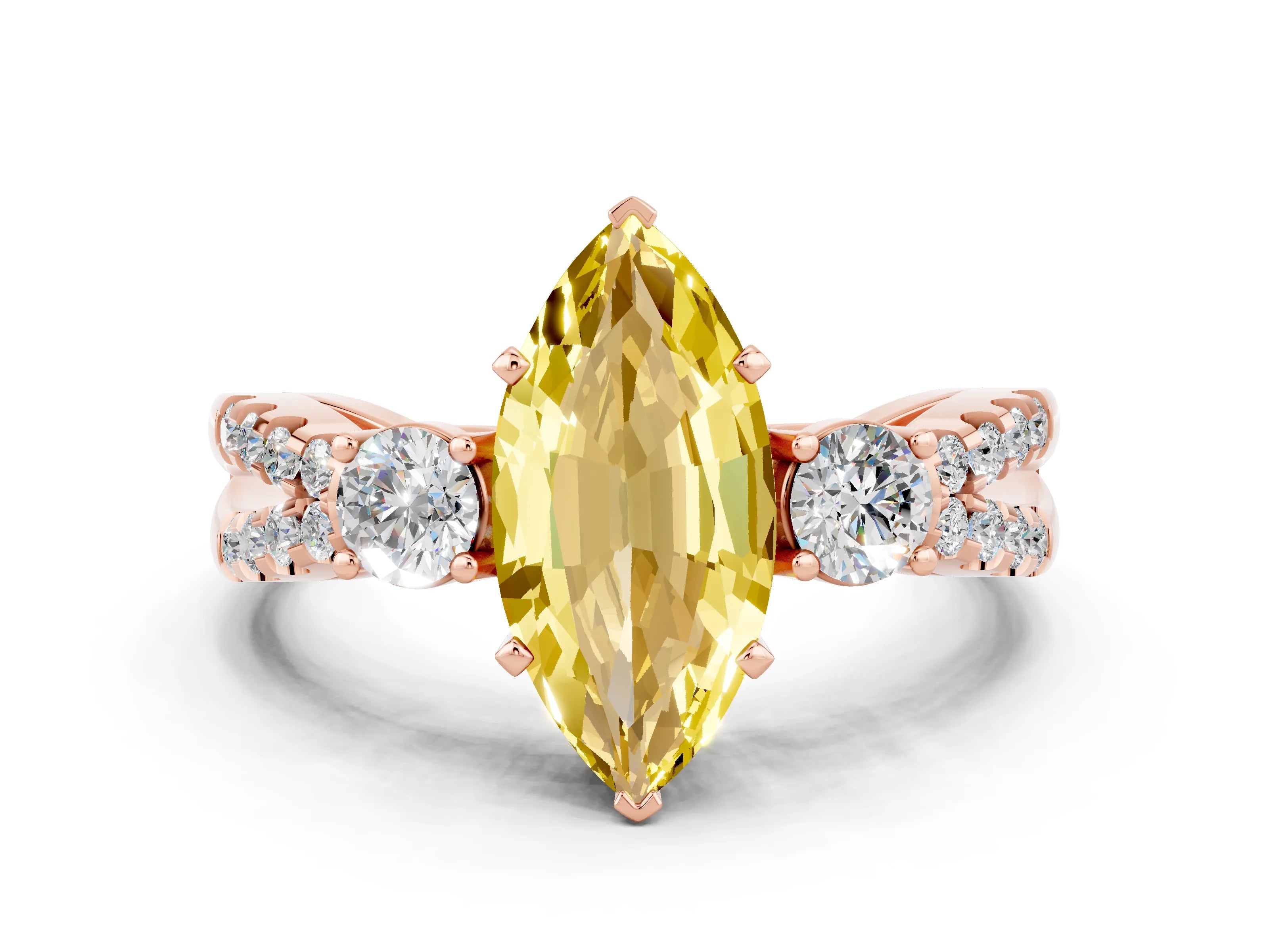 Rose gold Marquise Cut Yellow Sapphire Three-Stone Ring with Pavé Split Shank and Four-Prong Setting_36