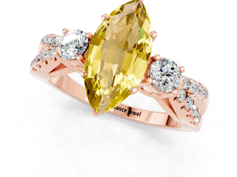 Rose gold Marquise Cut Yellow Sapphire Three-Stone Ring with Pavé Split Shank and Four-Prong Setting_37