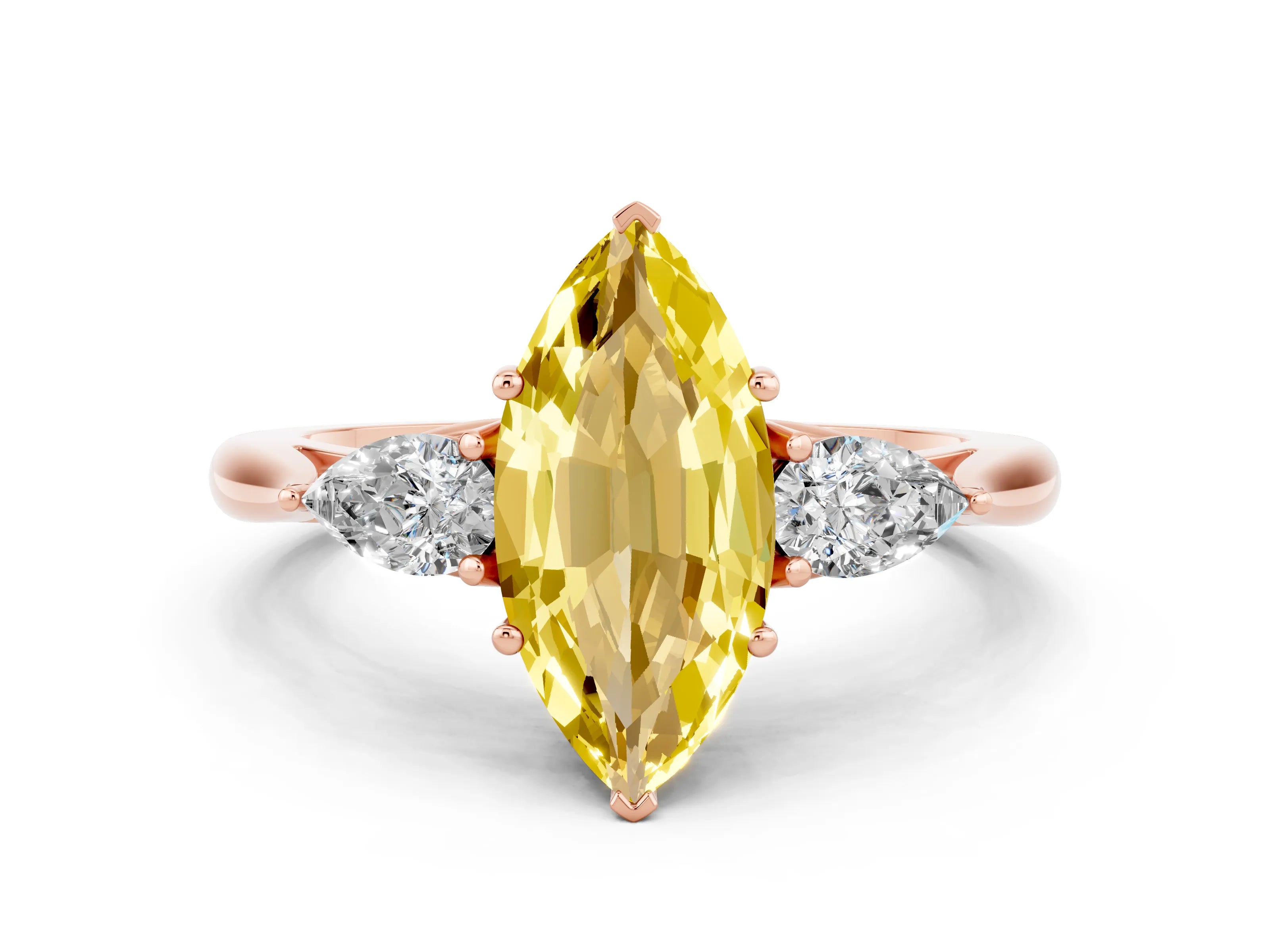 Rose gold Marquise Cut Yellow Sapphire Three-Stone Ring with Pear Side Stones and Four-Prong Setting_12