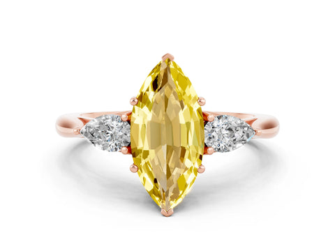 Rose gold Marquise Cut Yellow Sapphire Three-Stone Ring with Pear Side Stones and Four-Prong Setting_12