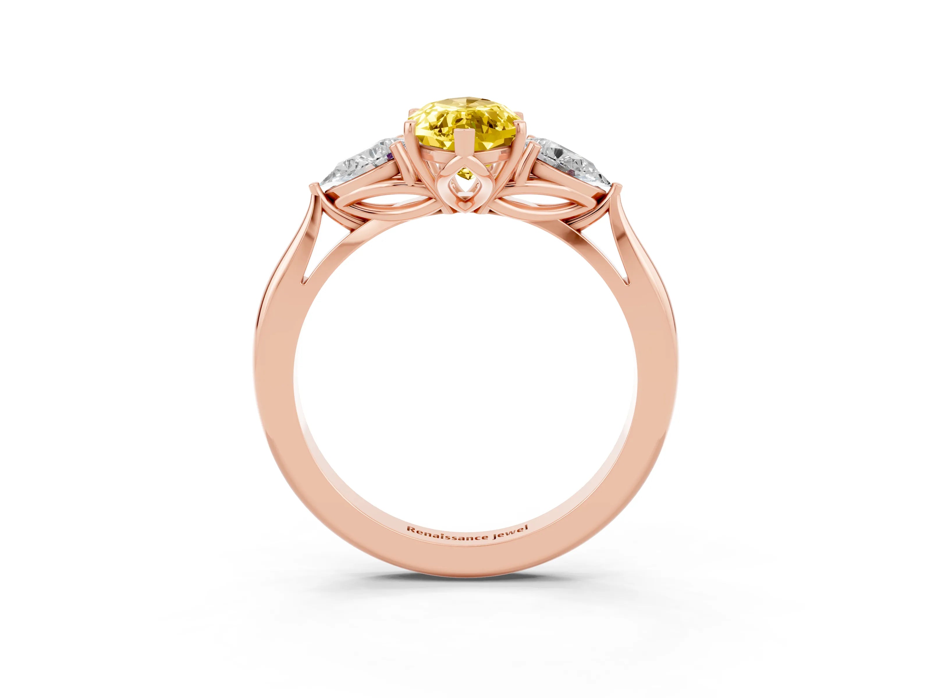 Rose gold Marquise Cut Yellow Sapphire Three-Stone Ring with Pear Side Stones and Four-Prong Setting_15