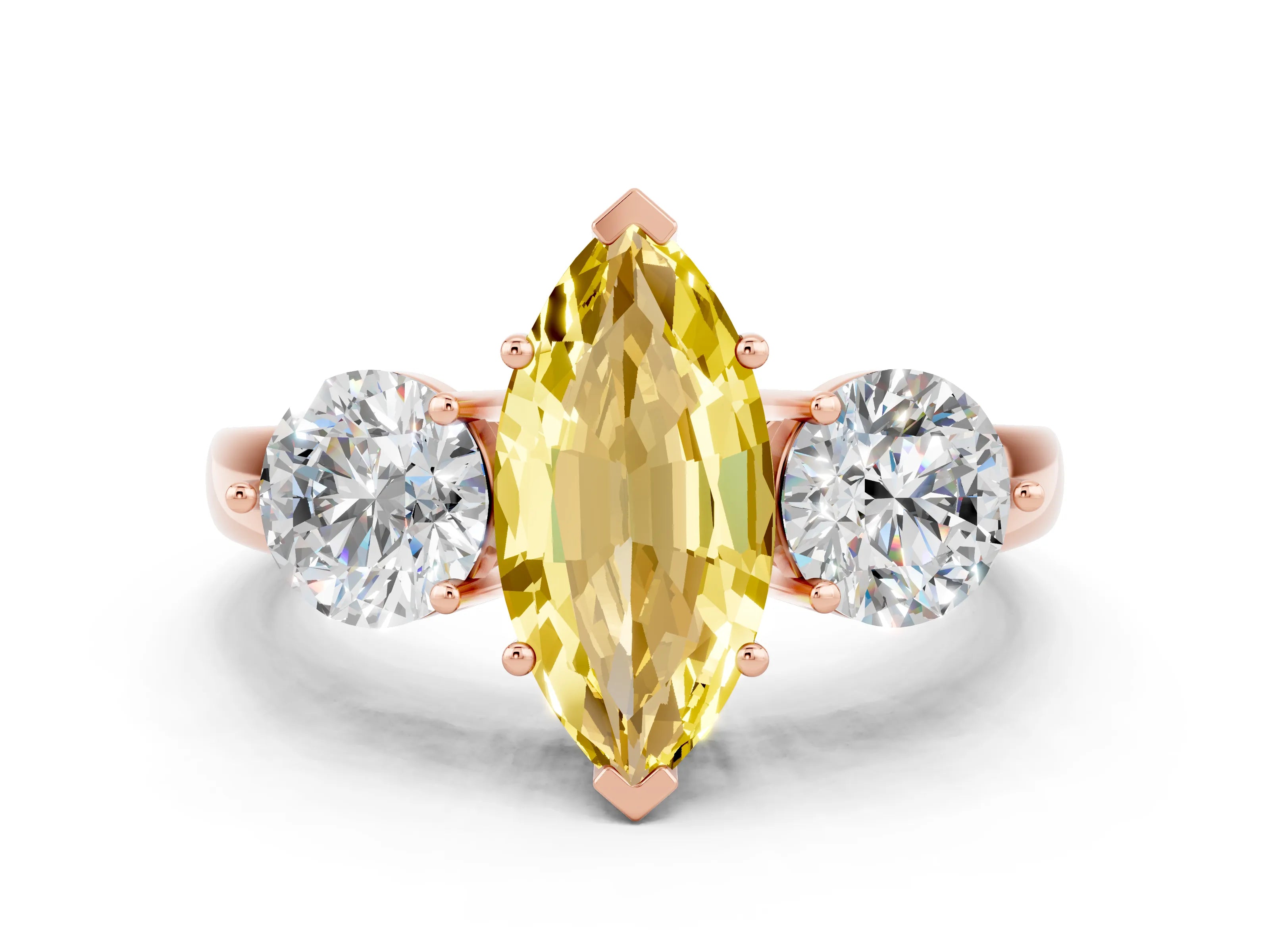 Rose gold Marquise Cut Yellow Sapphire Three-Stone Ring with Prong Setting and Classic Band