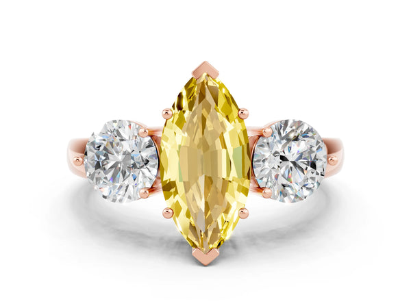 Rose gold Marquise Cut Yellow Sapphire Three-Stone Ring with Prong Setting and Classic Band