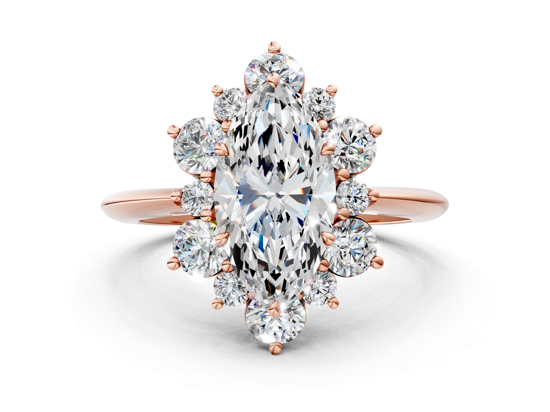 Rose gold Marquise Diamond Cluster Halo Ring with Solitaire Band and Four-Prong Setting_20