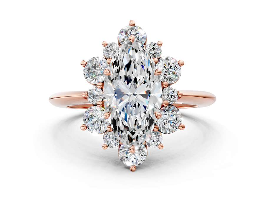 Rose gold Marquise Diamond Cluster Halo Ring with Solitaire Band and Four-Prong Setting