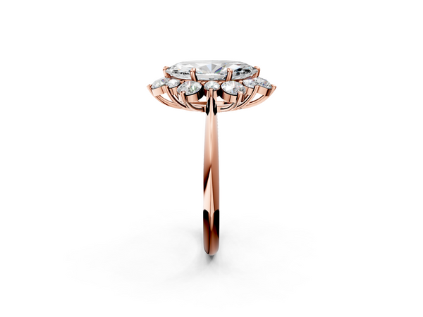 Rose gold Marquise Diamond Cluster Halo Ring with Solitaire Band and Four-Prong Setting