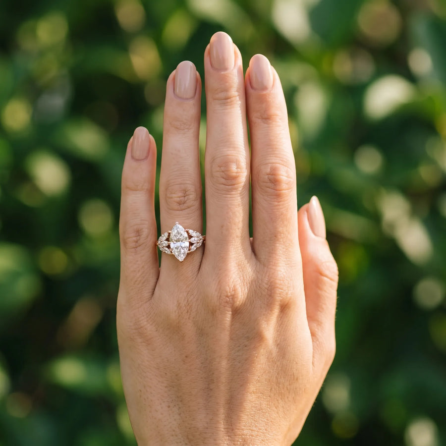 Rose gold Marquise Diamond Cluster Leaf Design Ring with Prong Setting