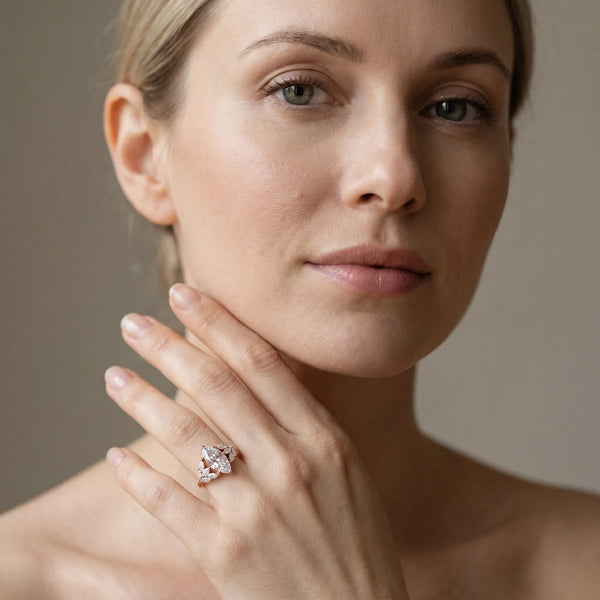 Rose gold Marquise Diamond Cluster Leaf Design Ring with Prong Setting