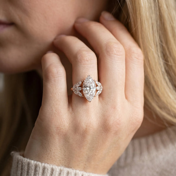 Rose gold Marquise Diamond Cluster Leaf Design Ring with Prong Setting