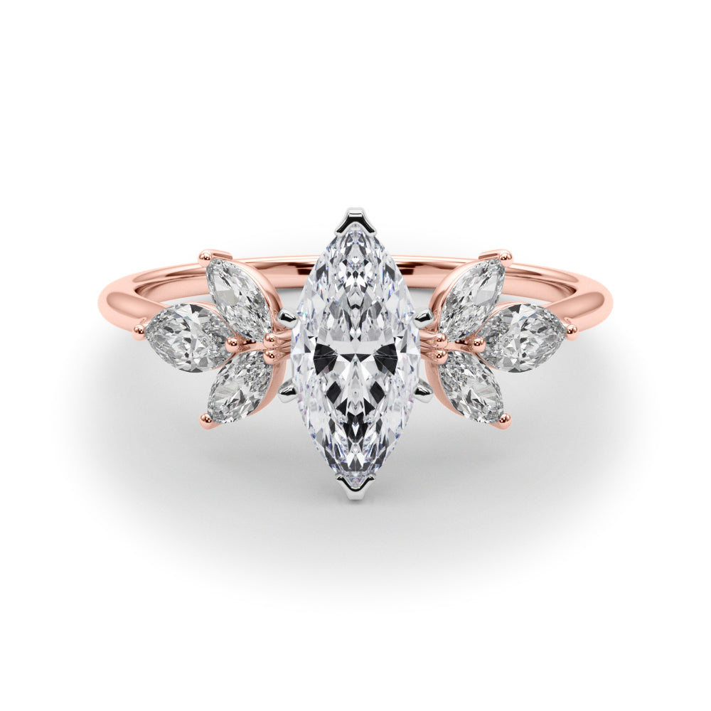 Rose gold Marquise Diamond Floral Cluster Ring with Marquise Side Stones and Six-Prong Solitaire Setting 1
