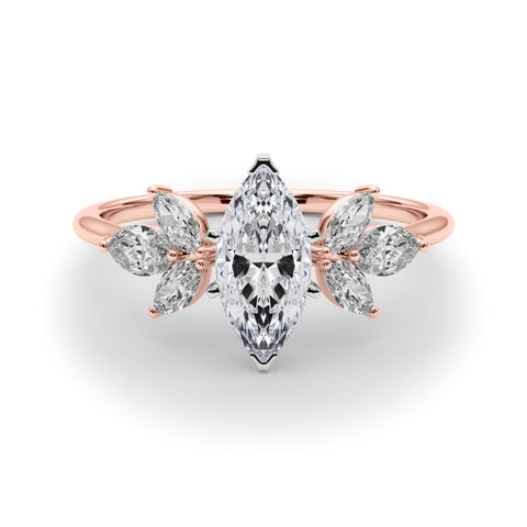 Rose gold Marquise Diamond Floral Cluster Ring with Marquise Side Stones and Six-Prong Solitaire Setting 1