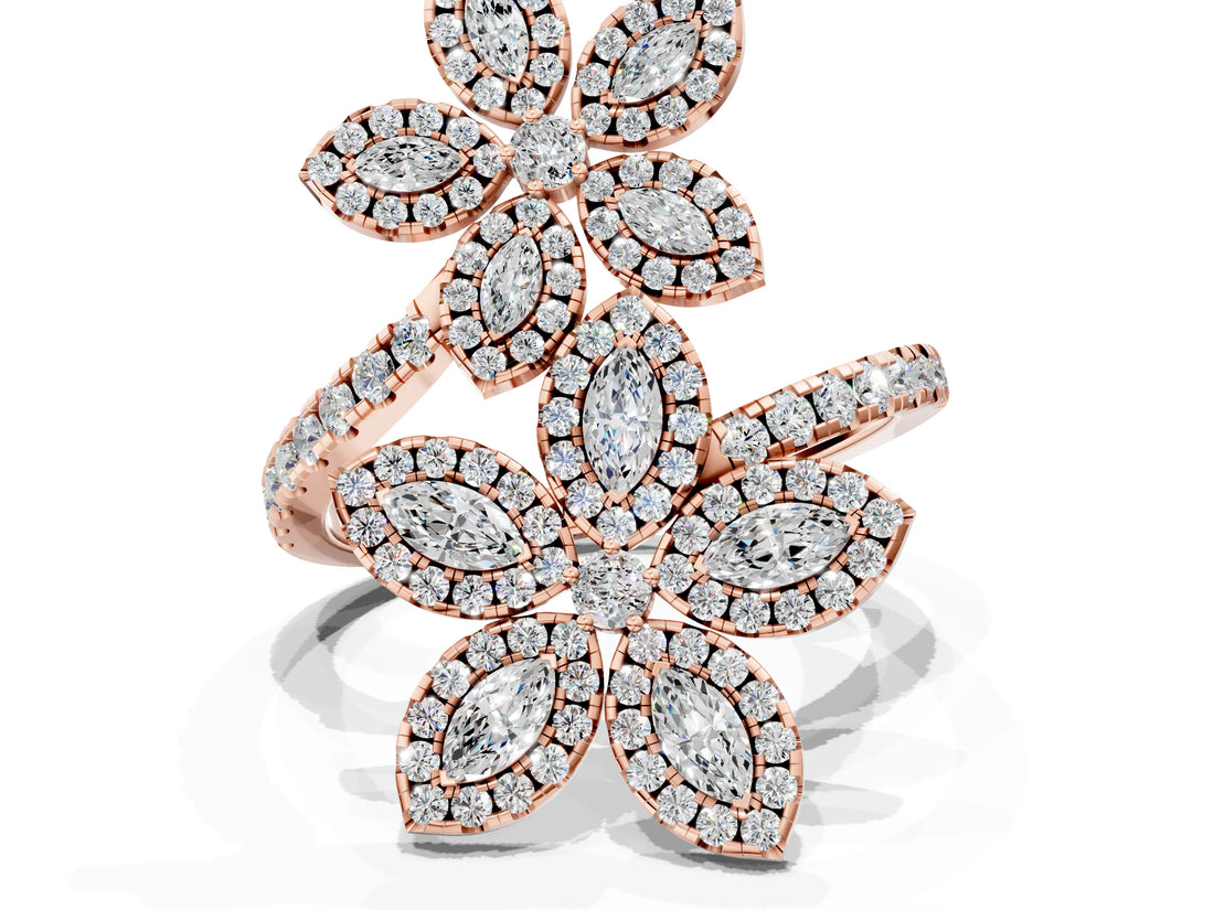 Rose gold Marquise Diamond Floral Promise Ring with Round Diamond Accents