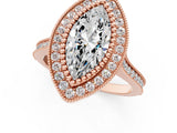 Rose gold Marquise Diamond Halo Ring with Milgrain Frame and Pavé Band 1