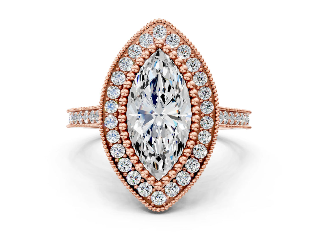 Rose gold Marquise Diamond Halo Ring with Milgrain Frame and Pavé Band