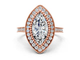 Rose gold Marquise Diamond Halo Ring with Milgrain Frame and Pavé Band
