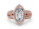 Rose gold Marquise Diamond Halo Ring with Split Shank Pavé Band and Four-Prong Setting_6