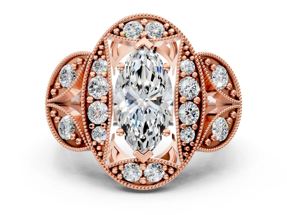 Rose gold Marquise Diamond Milgrain Marquise Filigree Engagement Ring with Prong Setting_6